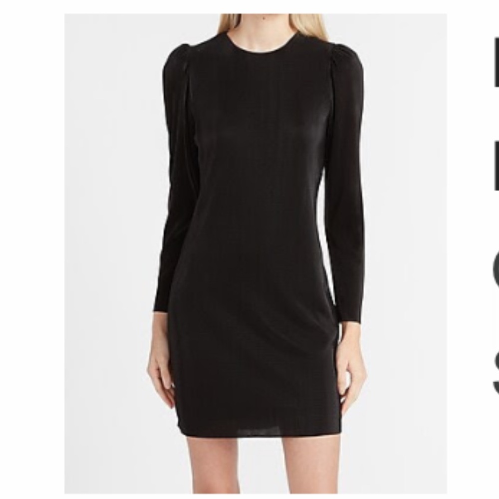 Express Black Pleated Puffed Shoulder Shift Dress